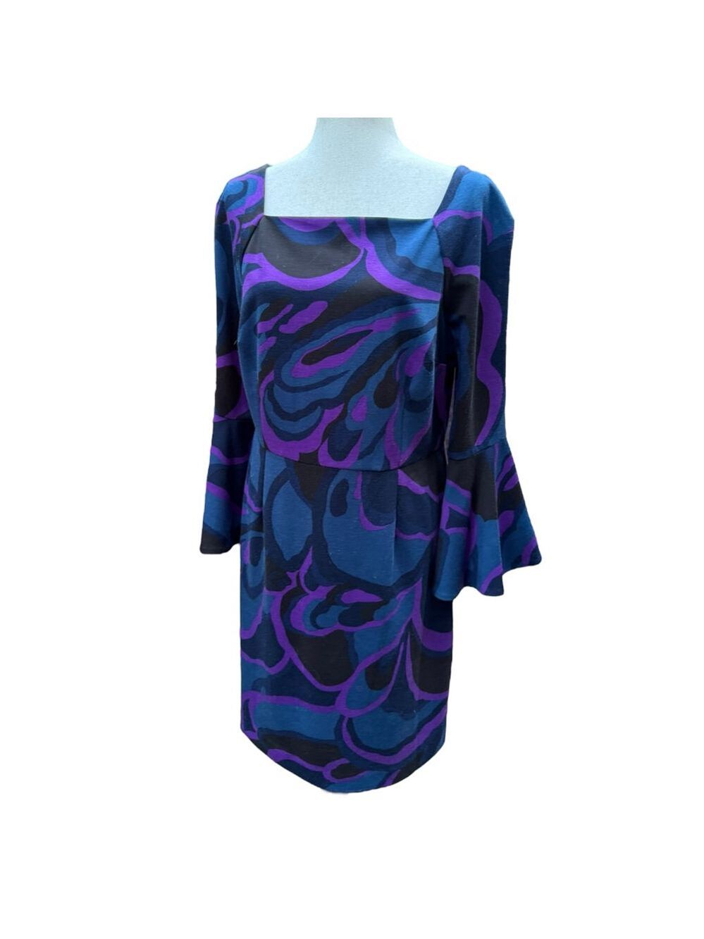 Trina Turk Size 14 Bell Sleeve Dress | Purple & Blue Swirl Geometric Mod Print - Picture 11 of 11
